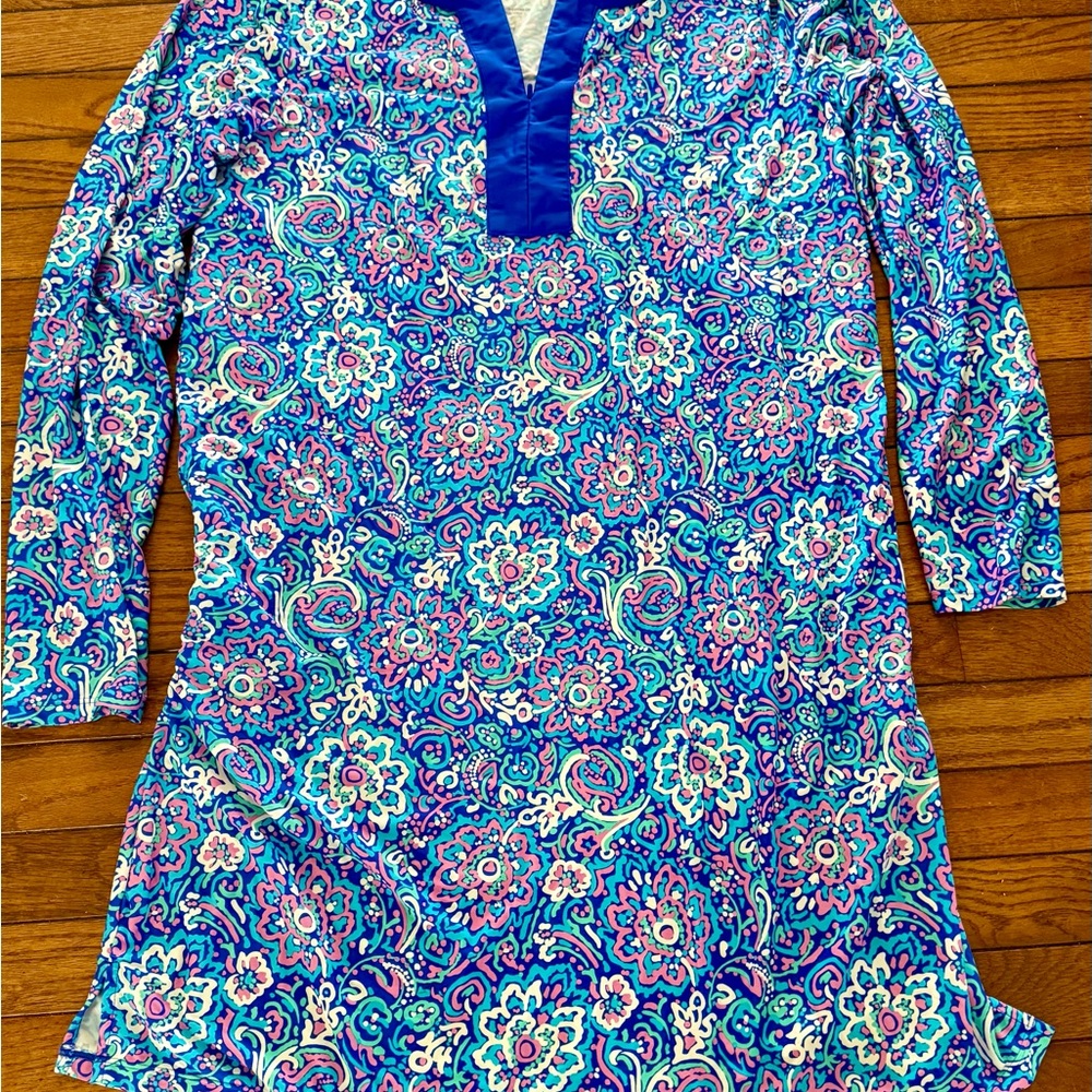 Coolibar Blue and Pink Swim Coverup with V-Neck and UPF 50+ Sun Protection